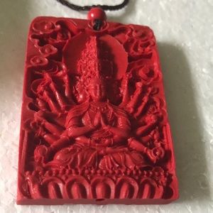 Vintage engraved organic cinnabar Buddha necklace